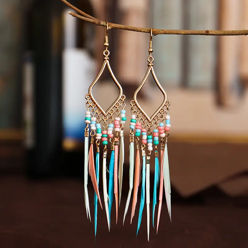 Trendy Vintage Boho Style Handmade Beaded Real Feather Pendant Bohemian Earring Jewelry For Woman