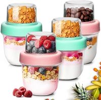Wishome 2-in-1 draagbare ontbijtbakjes, dubbelwandige glazen yoghurtbekers met bovenste compartiment voor ontbijtgranen, fruit & snacks