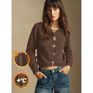 Crew Neck <b>Cardigan</b> Women's Black Warm Knitwear - Product Image 2
