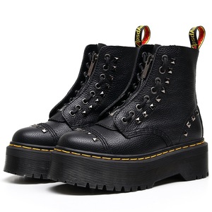 Lace-up double-strap thick-soled 8-hole locomotive <b>boots</b> with front zipper Short <b>boots</b> with top made of lychee-patterned fabric - Product Image 5