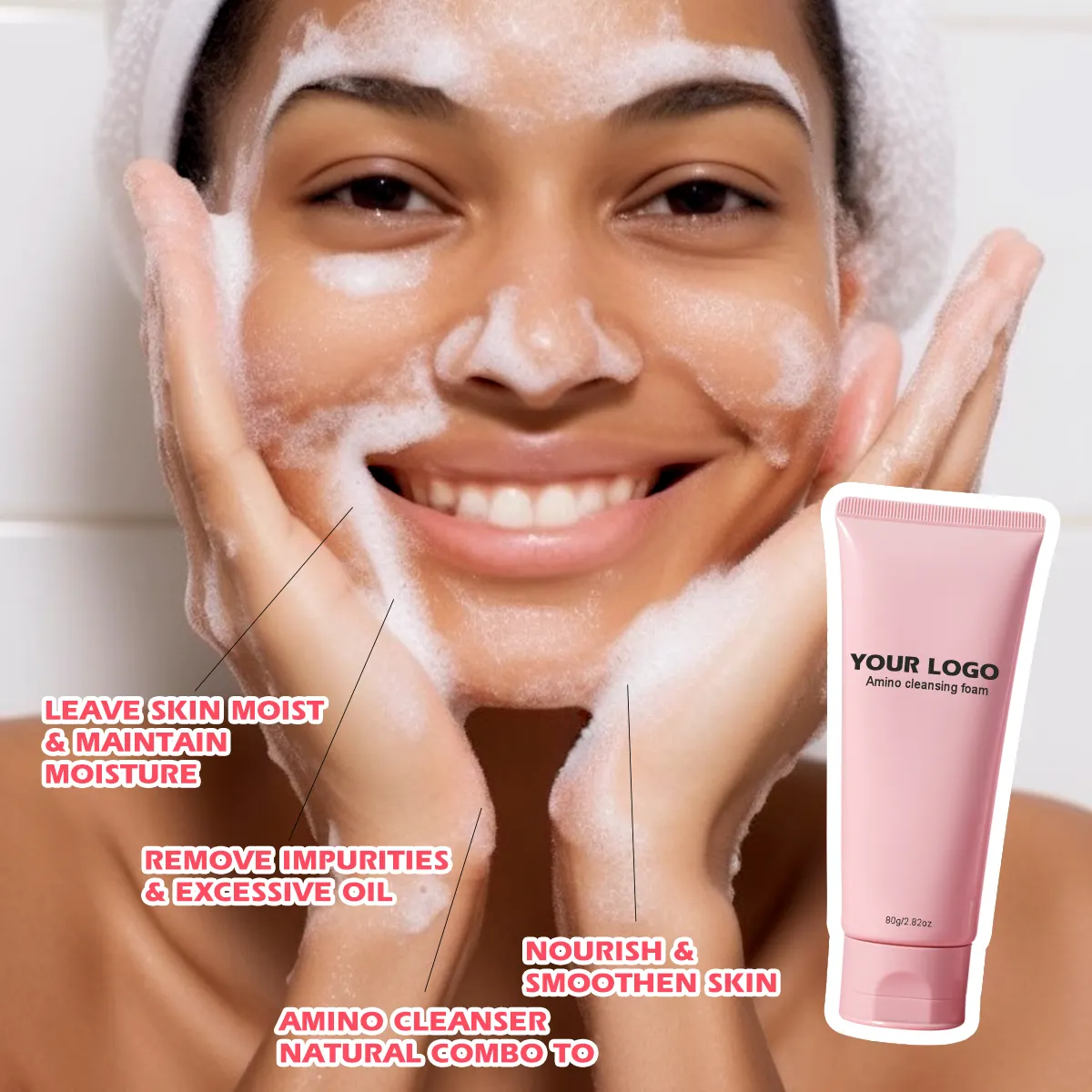 Limpiador facial nutritivo con logotipo personalizado, 80g, para pieles sensibles, maquillaje, lavado de cara, limpiador facial con aminoácidos