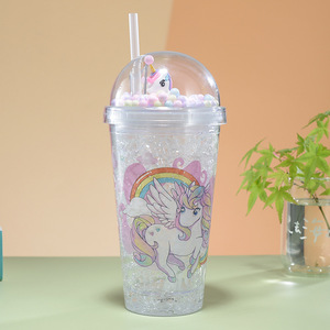 Unicorn Plastic Straw Cup Double Walled With Lid And Straw For Kids Summer Drinkware Mixed Colors Cartoon Design - Product Image 4