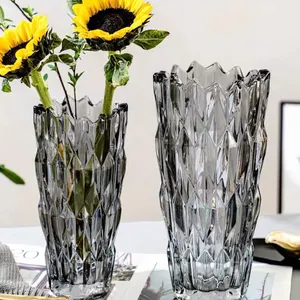 DESITA all'ingrosso vaso di fiori di vetro per la decorazione per la casa diamante goffrato grigio ambra addensare trasparente cilindro di vetro vaso