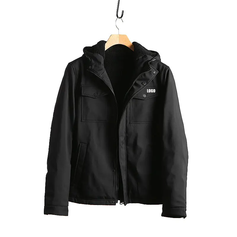 Custom logo made Mens fashionable winter black jacket with hoody polar fleece lined