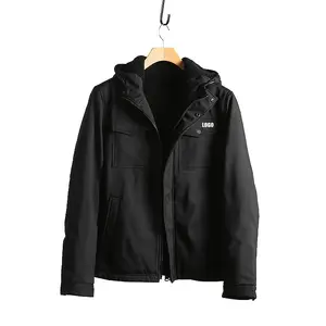 Custom logo Made Mens Fashionable Winter <strong>Black</strong> <strong>Jacket</strong> With Hoody Polar <strong>Fleece</strong> Lined - Product Image 1