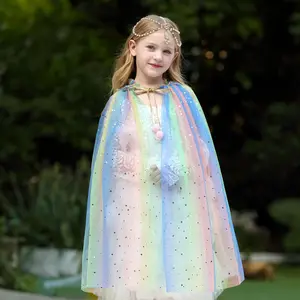 New Arrival Summer Soft Yarn Solid Color Star Sequins Fairy Cape with Accessories Set Elsa Princess Sequin Cloak for Kids Girls