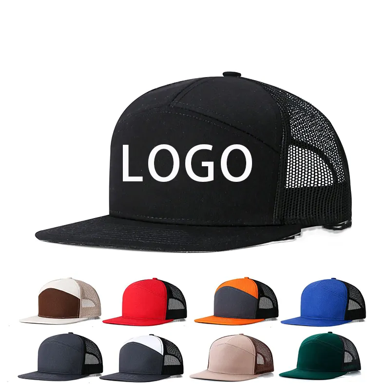 Venta al por mayor de gorras con logotipo personalizado de ala plana bordado chapeau camionero 7 paneles gorras de malla para hombre gorra de camionero