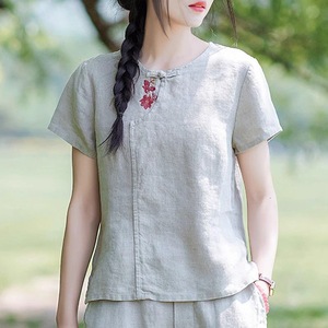 Women's Short Sleeve Cotton Linen Chinese Style Blouse Summer Casual Top White Linen Color Loose Fit Everyday Wear - Product Image 4