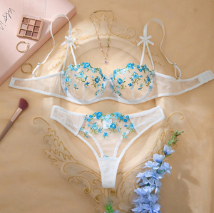 Wholesale Floral Rose Embroidery Lingerie <b>Set</b> <b>Sexy</b> Sheer Mesh Underwire <b>Bra</b> and Thong Panties <b>Set</b> 2 Piece Bow Lace <b>Bra</b> <b>Set</b> - Product Image 2
