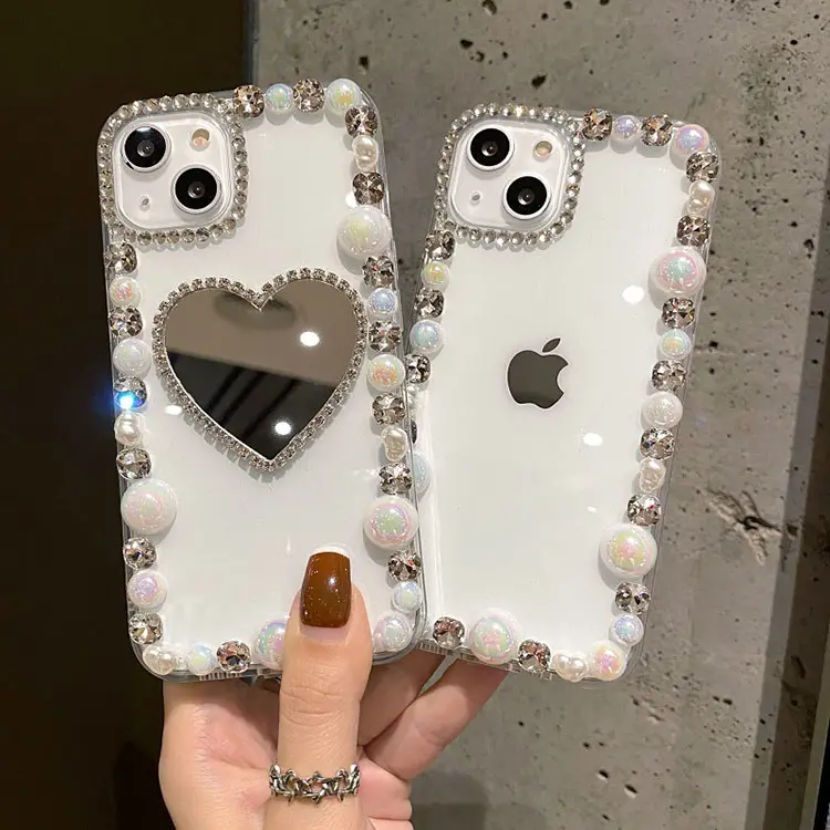 Schöne herzförmige Spiegel Strass klare Hülle für iPhone 15 Plus Diamond Phone Case für iPhone 15 Plus Rückseite