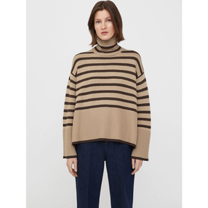 Custom <strong>Women</strong> Cashmere Wool Sweater <strong>Turtle</strong> <strong>Neck</strong> Knitted <strong>Jumper</strong> Cross Striped Drop Shoulder - Product Image 5