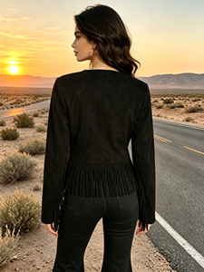 Sweet Babe <b>Suede</b> Cropped <b>Jacket</b> with Fringe Detail Button Front Vintage Casual Outerwear for <b>Women</b> - Product Image 2