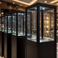 Vitrine haute en verre noir moderne avec éclairage LED pour exposition de bijoux, idéale pour musée, boutique, galerie