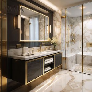 VAMA Coiffeuse de salle de bain suspendue au mur avec dessus en pierre artificielle AN07-7 design ouvert personnalisé - Product Image 1