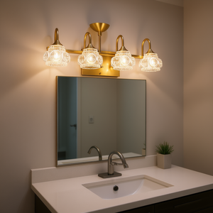 Applique murale moderne en cristal pour salle de bain, 4 lumières, dorée, avec abat-jour en verre transparent, LED blanc chaud, lampe de miroir à intensité variable - Product Image 2