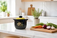 Casserole en céramique noire mate avec couvercle, décor doré jaune brillant, poignées décoratives, pot en grès, compatible four