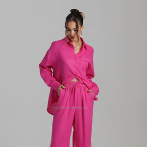 Elegante Set da <span class=keywords><strong>donna</strong></span> Color pelle di <span class=keywords><strong>lino</strong></span> a maniche lunghe camicia tinta unita <span class=keywords><strong>pantaloni</strong></span> <span class=keywords><strong>larghi</strong></span> stile Casual per il pendolarismo di <span class=keywords><strong>lino</strong></span> 100% - Product Image 2