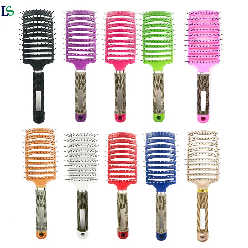 wholesale plastic pink red massage hair women massage big curved bristle hair brush with logo
