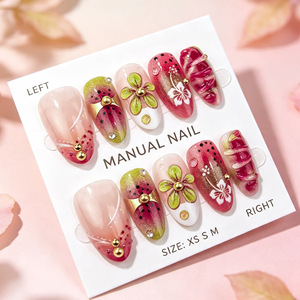 30 faux ongles à presser en amande, motif floral 3D dégradé et pois, avec feuille d'or française, collection automne-hiver, vente en gros - Product Image 5