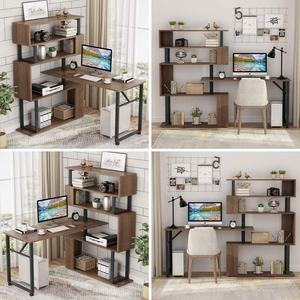 Современный двухсторонний вращающийся с деревянными колесами компьютер 5 полок складские столы книжный шкаф с столом для небольшого домашнего офиса - Product Image 4