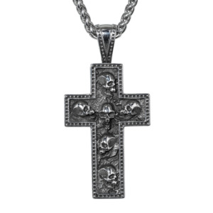 Collier pendentif croix à plusieurs crânes en acier inoxydable à bord perlé pour homme, style vintage, gothique, punk, motard, audacieux, rétro, bijoux de mode - Product Image 1