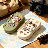 Étui à lunettes en silicone motif animal de dessin animé avec fermeture éclair et cordon perlé, sac de rangement souple personnalisé pour enfants