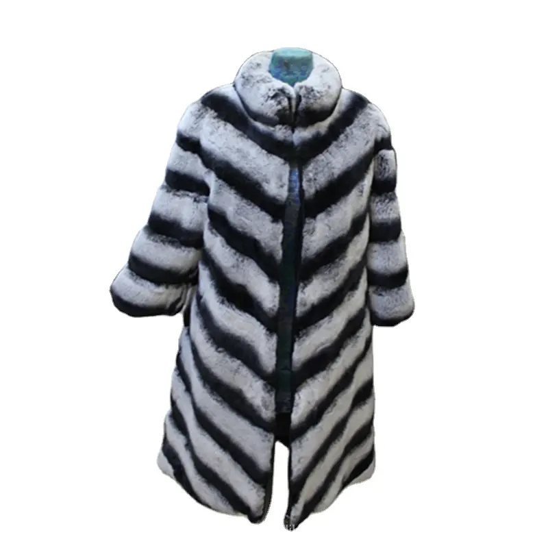 2022 नई Fahion लंबी शैली असली रेक्स खरगोश फर जैकेट चिनचिला रंग असली फर कोट