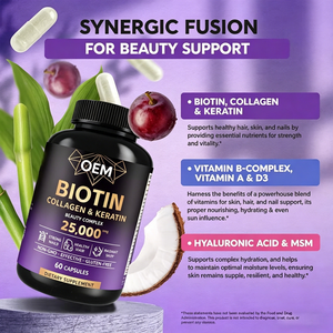 Capsules de complexe biotine-collagène OEM ODM, 60 unités, avec MSM et acide hyaluronique, sans OGM, sans gluten, complément alimentaire - Product Image 6