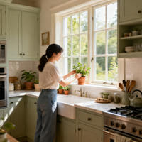 Armoires de cuisine shaker bicolores blanc et vert sauge sur mesure, cuisine moderne de style farmhouse en forme de L avec comptoir en granit