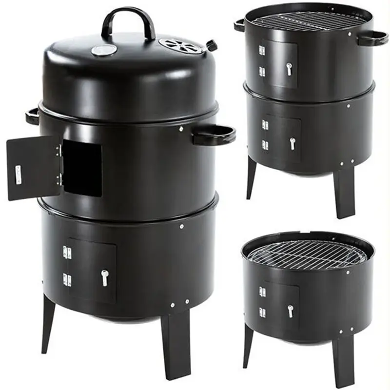 3 in 1 senza fumo 3 strati torre barile carbone barbecue griglia fumatore carbone verticale barbecue griglie griglia fumatore