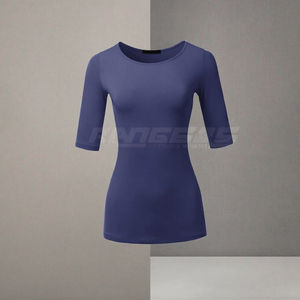 T-shirt pour femme STYLE QS2474C-XB, 100% coton, col rond, manches régulières, couleur unie, coupe ajustée, haut décontracté, uni, tricoté, été - Product Image 3