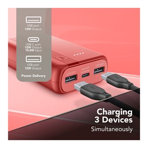 Batterie externe essentielle 10000 mAh rouge avec ports USB-C et USB-A pour une charge rapide - Product Image 3