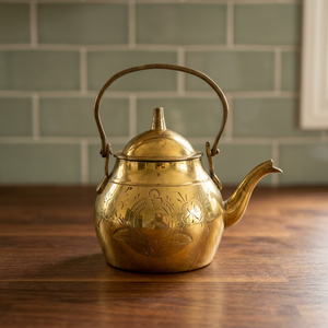 Vintage Brass Tea Kettle With <b>Lid</b> Metal Handle Decorative Engraved Design Water <b>Pot</b> Kettles - Product Image 3