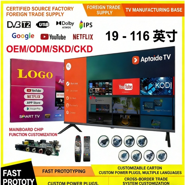 Accept Custom 4K Android Flat Screen TV Smart 43 50 55 65 75 85 100 Inch High Quality A+ Panel Flat Screen Android WiFi LED TV