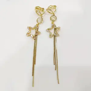 Boucles d'oreilles pendantes en plaqué or à la mode coréenne avec pompon longue goutte et étoile CZ pierre bijoux de mode pour les femmes