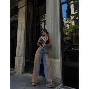 Pantalones de Mezclilla con Parches de Cuero de Cintura Alta para Mujer, Transpirables y Ligeros, Color Beige, Talla XL, para Oficina - Product Image 4