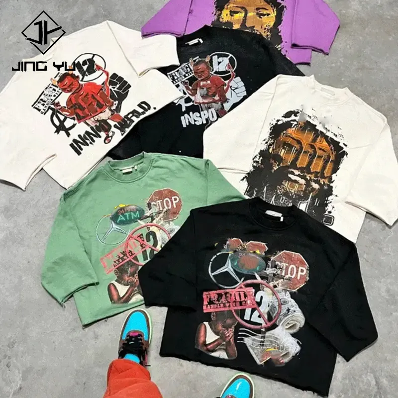 OEM/ODM cut and sew T-shirts Men Vintage Tee Cropped Graphic Tshirts With Custom Printing Oversize Mens Distressed T Shirt