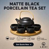Théière en porcelaine noire mate durable de style chinois traditionnel 600 ml, ensemble de 4 tasses sans anse, poignée en bambou, plateau en bois, thé, café