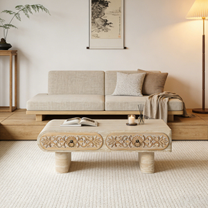 Table basse moderne à bords arrondis, durable, avec motif floral, tiroir en bois massif avec rangement pour le salon, le bureau - Product Image 4