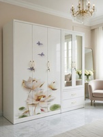Armario Metálico con Puertas Batientes, Base Blanca, Vetas Doradas de Mármol, con Espejo y Cajones, Muebles Modernos para Dormitorio