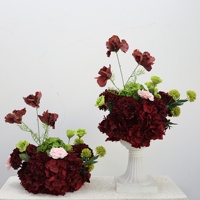 Susunan Bunga Hydrangea Hijau Burgundy Buatan, Dekorasi Meja Bunga Palsu untuk Acara Pernikahan
