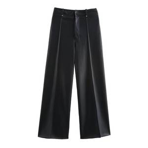 SHENZHU mujeres 2024 otoño nueva moda imitación <span class=keywords><strong>cuero</strong></span> <span class=keywords><strong>pantalones</strong></span> de piernas anchas Vintage cintura alta cremallera Fly <span class=keywords><strong>mujer</strong></span> tobillo <span class=keywords><strong>Pantalones</strong></span> - Product Image 1