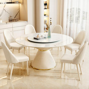 Table à manger ronde contemporaine avec plateau en marbre blanc et piédestal à colonnes cannelées pour mobilier de salle à manger moderne - Product Image 3