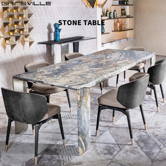 Modern Rectangular Marble Dining Table with Natural Top Stone Legs and Golden Accents Luxury Villa & Hotel Use Design
