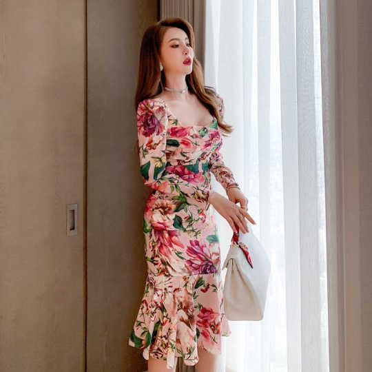 ZYHT Hot Selling Fashion Trend Spring Women's New Retro Mid-Length Dress  Women Long Sleeve Printed Tight Casual Dress