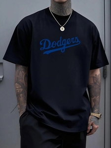 T-shirt da uomo casual in cotone 100% con logo Dodgers blu navy scritto a mano, vestibilità ampia e traspirante, che onora l'eredità classica del baseball - Product Image 2
