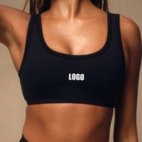 Soutien-gorge de sport pour femme, personnalisé avec logo OEM, noir uni, dos en U, bretelles larges, haute élasticité, maintien moyen