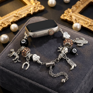 Bracelet de montre connectée style cowboy avec breloques et perles léopard, chaîne de sécurité - Product Image 1
