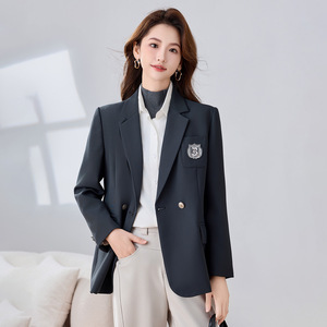 Women's Khaki Blazer Solid Color Polyester Anti-Wrinkle Casual Workwear - Product Image 3