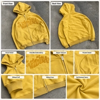 Sweat-shirts à capuche unisexes vintage personnalisés, coupe courte et oversize, en coton 100 % (450 g/m²), avec patch chenille, fermeture éclair jaune, effet délavé, OEM